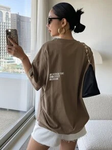 DAZY Camiseta oversize con estampe de letras, frase "CHERISH TIME EFFECT DREAM" - Café integral - Ver 4