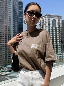 DAZY Camiseta oversize con estampe de letras, frase "CHERISH TIME EFFECT DREAM" - Café integral - Ver 5