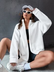 SHEIN Unity Drop Shoulder Zip Up Fleece Coat - White - View 1