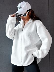 SHEIN Unity Drop Shoulder Zip Up Fleece Coat - White - View 3