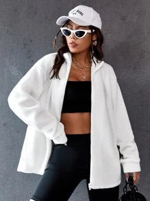 SHEIN Unity Drop Shoulder Zip Up Fleece Coat - White - View 4
