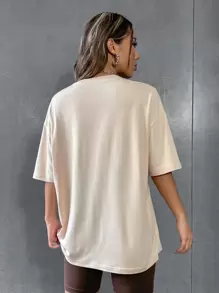 SHEIN Unity 字母圖案落肩T恤和騎行褲 - 杏色 - 查看 2