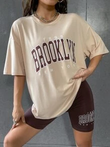 SHEIN Unity 字母圖案落肩T恤和騎行褲 - 杏色 - 查看 3