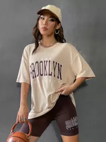 SHEIN Unity 字母圖案落肩T恤和騎行褲 - 杏色 - 查看 5