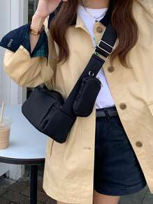 極簡風格方包帶零錢包 - 黑色 - 查看 1