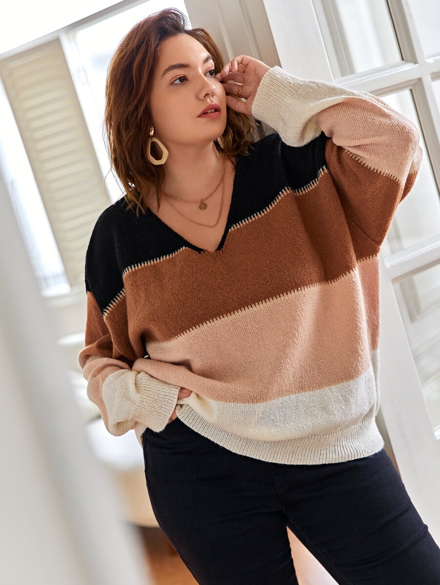 SHEIN Frenchy Áo len Plus Size Khối Màu Giải trí - Nhiều màu - Xem 1