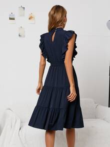 Solid Ruffle Hem A-line Dress - Navy Blue - View 2