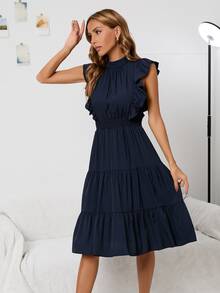 Solid Ruffle Hem A-line Dress - Navy Blue - View 3