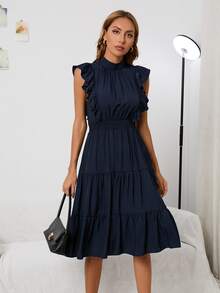 Solid Ruffle Hem A-line Dress - Navy Blue - View 5