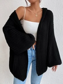 SHEIN Essnce Drop Shoulder Hooded Duster Cardigan - Black - View 4