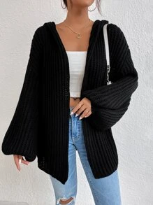 SHEIN Essnce Drop Shoulder Hooded Duster Cardigan - Black - View 1