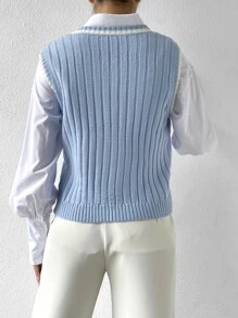 Chiquease Áo len nữ vest Sọc Giải trí - Màu xanh nhạt - Xem 2