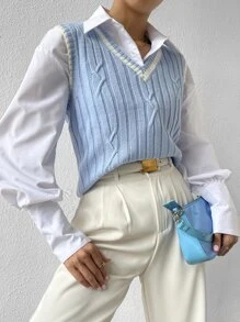 Chiquease Áo len nữ vest Sọc Giải trí - Màu xanh nhạt - Xem 3