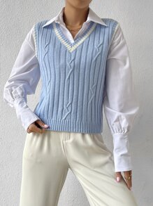 Chiquease Áo len nữ vest Sọc Giải trí - Màu xanh nhạt - Xem 4