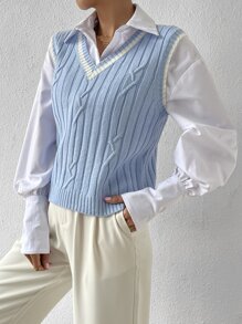 Chiquease Áo len nữ vest Sọc Giải trí - Màu xanh nhạt - Xem 5