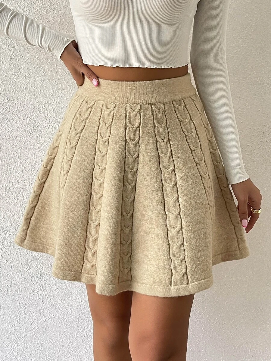 SHEIN Privé High Waist Cable Knit Skirt - Khaki - View 1