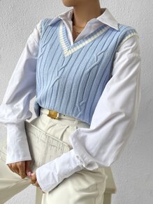 Chiquease Áo len nữ vest Sọc Giải trí - Màu xanh nhạt - Xem 6