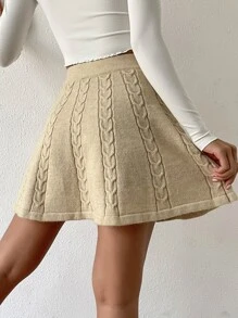 SHEIN Privé High Waist Cable Knit Skirt - Khaki - View 2