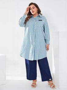 Mulvari Bộ thời trang Plus Size Đắp vá Nút phía trước Kẻ sọc Giải trí - Xanh và trắng - Xem 4