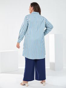 Mulvari Bộ thời trang Plus Size Đắp vá Nút phía trước Kẻ sọc Giải trí - Xanh và trắng - Xem 2