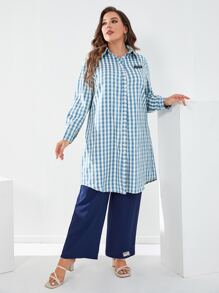 Mulvari Bộ thời trang Plus Size Đắp vá Nút phía trước Kẻ sọc Giải trí - Xanh và trắng - Xem 3
