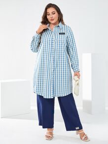 Mulvari Bộ thời trang Plus Size Đắp vá Nút phía trước Kẻ sọc Giải trí - Xanh và trắng - Xem 1