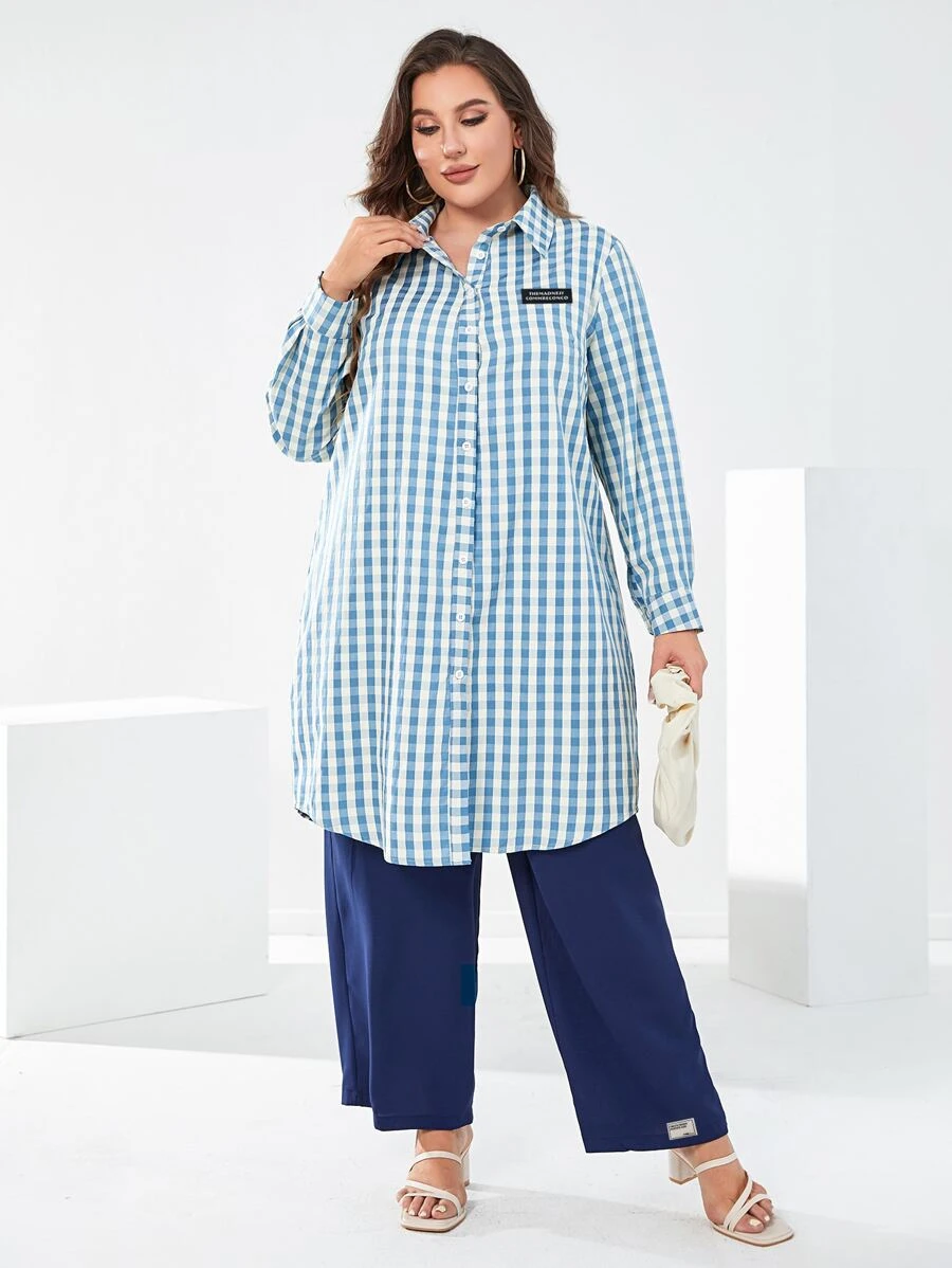 Mulvari Bộ thời trang Plus Size Đắp vá Nút phía trước Kẻ sọc Giải trí - Xanh và trắng - Xem 1