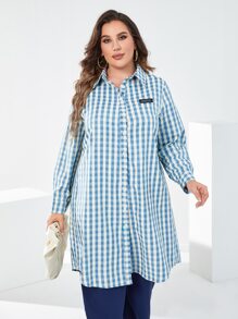 Mulvari Bộ thời trang Plus Size Đắp vá Nút phía trước Kẻ sọc Giải trí - Xanh và trắng - Xem 5