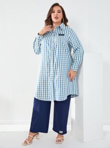 Mulvari Bộ thời trang Plus Size Đắp vá Nút phía trước Kẻ sọc Giải trí - Xanh và trắng - Xem 6
