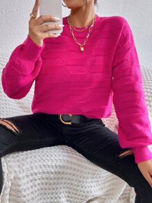 Áo len dệt kim họa tiết trễ vai, áo len chui đầu cỡ lớn màu hồng cánh sen dài tay dáng thường ngày cho nữ, áo dài tay - Màu Hồng Tươi - Xem 5