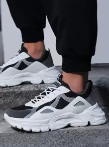 Men Letter Patch Decor Mesh Panel Lace-up Front Chunky Sneakers - Multicolor - View 1