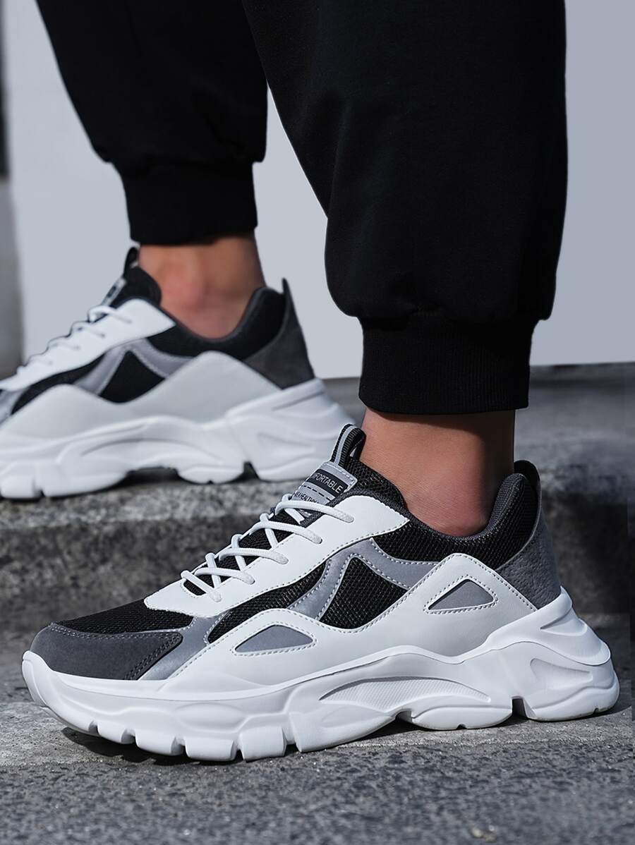 Men Letter Patch Decor Mesh Panel Lace-up Front Chunky Sneakers - Multicolor - View 1