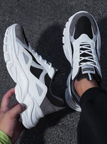 Men Letter Patch Decor Mesh Panel Lace-up Front Chunky Sneakers - Multicolor - View 2