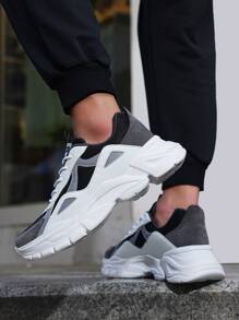 Men Letter Patch Decor Mesh Panel Lace-up Front Chunky Sneakers - Multicolor - View 3