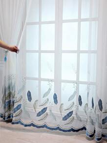 1pc Feather Embroidered Sheer Curtain, Modern Polyester Single Panel Sheer Curtain For Home