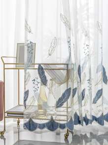 1pc Feather Embroidered Sheer Curtain, Modern Polyester Single Panel Sheer Curtain For Home