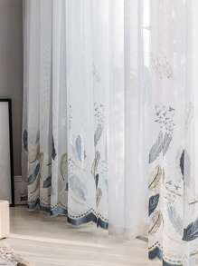 1pc Feather Embroidered Sheer Curtain, Modern Polyester Single Panel Sheer Curtain For Home