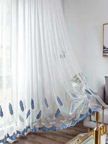 1pc Feather Embroidered Sheer Curtain, Modern Polyester Single Panel Sheer Curtain For Home