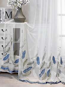 1pc Feather Embroidered Sheer Curtain, Modern Polyester Single Panel Sheer Curtain For Home