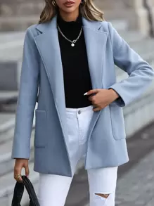 SHEIN LUNE Double Pocket Lapel Neck Belted Overcoat - Dusty Blue - View 4