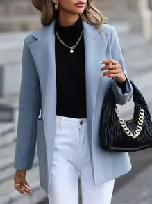 SHEIN LUNE Double Pocket Lapel Neck Belted Overcoat - Dusty Blue - View 5