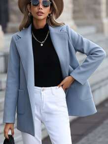 SHEIN LUNE Double Pocket Lapel Neck Belted Overcoat - Dusty Blue - View 6