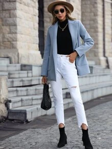 SHEIN LUNE Double Pocket Lapel Neck Belted Overcoat - Dusty Blue - View 7