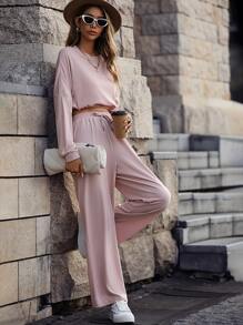 Drop Shoulder Crop Sweatshirt & Trousers - Baby Pink - View 1