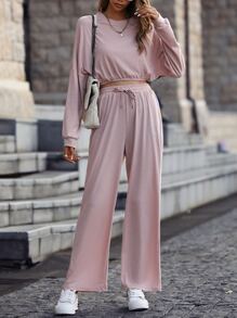 Drop Shoulder Crop Sweatshirt & Trousers - Baby Pink - View 3