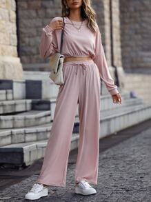 Drop Shoulder Crop Sweatshirt & Trousers - Baby Pink - View 4