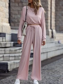 Drop Shoulder Crop Sweatshirt & Trousers - Baby Pink - View 5