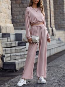 Drop Shoulder Crop Sweatshirt & Trousers - Baby Pink - View 6