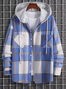 Manfinity EZcore Men's Loose Fit Plaid Hooded Shirt With Dual Pockets And Adjustable Drawstring, Without T-Shirt - Blue and White - View 1