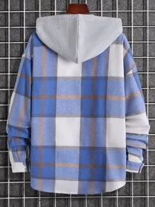 Manfinity EZcore Men's Loose Fit Plaid Hooded Shirt With Dual Pockets And Adjustable Drawstring, Without T-Shirt - Blue and White - View 2